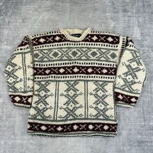 Vtg Hand Knit Sweater Mens Medium White 90s Caravan Ski Geometric Fair Isle Wool